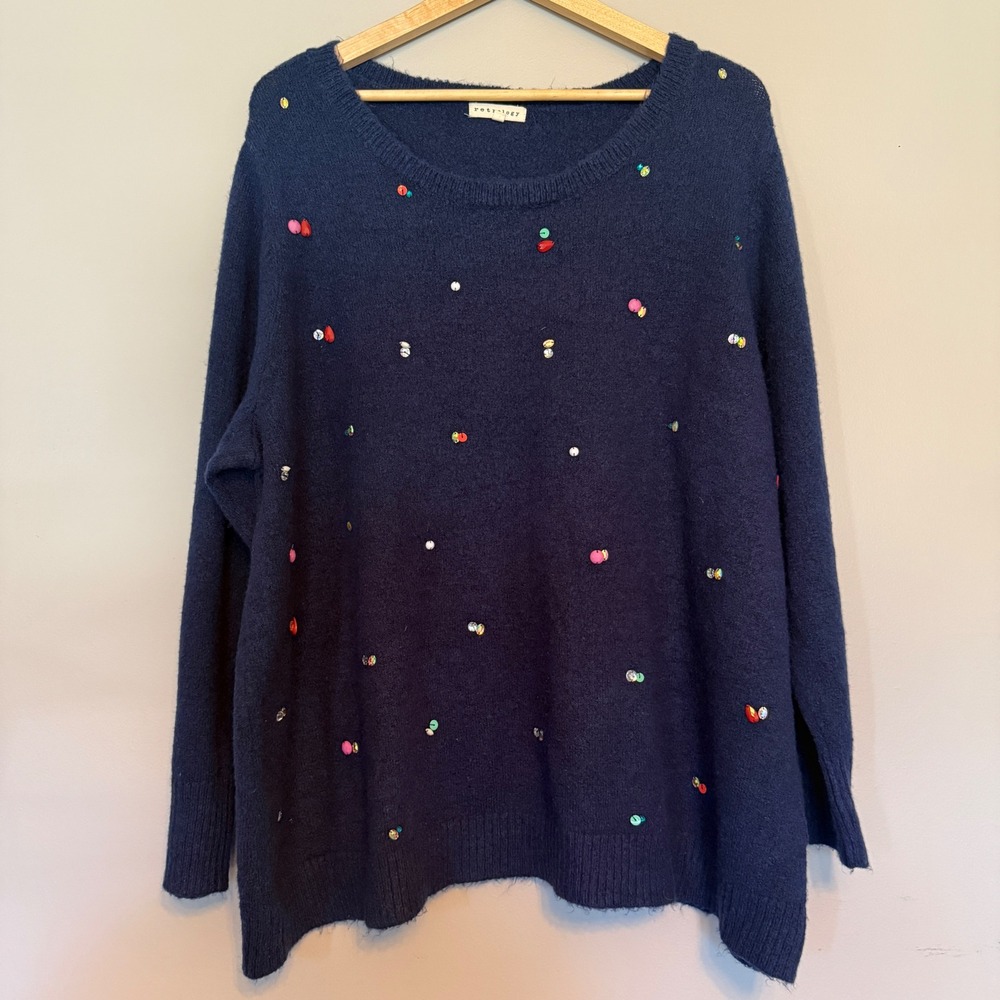 Retrology‎ Womens 3X Navy Blue Sequin Beaded Knit Pullover Sweater Crew Neck